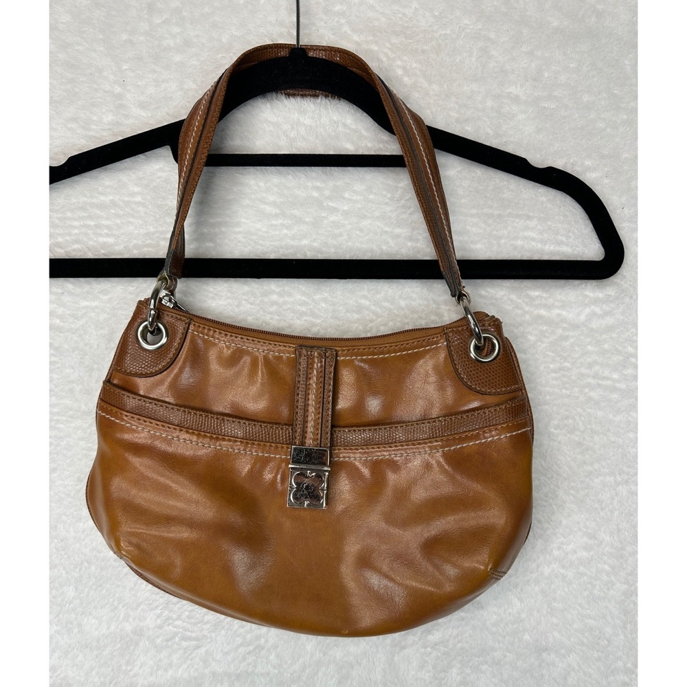 Liz Claiborne Vintage Shoulder Bag Womens Small Brown Faux Leather Logo Clasp